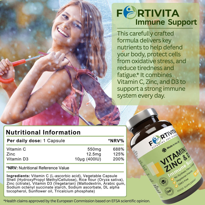 Vitamin C 550 mg, Zinc & Vitamin D3 400 IU – Immune Support Supplement – High Strength Antioxidant Formula – 90 Vegetarian Capsules – Made in the UK – GMO Free, No Synthetic Fillers