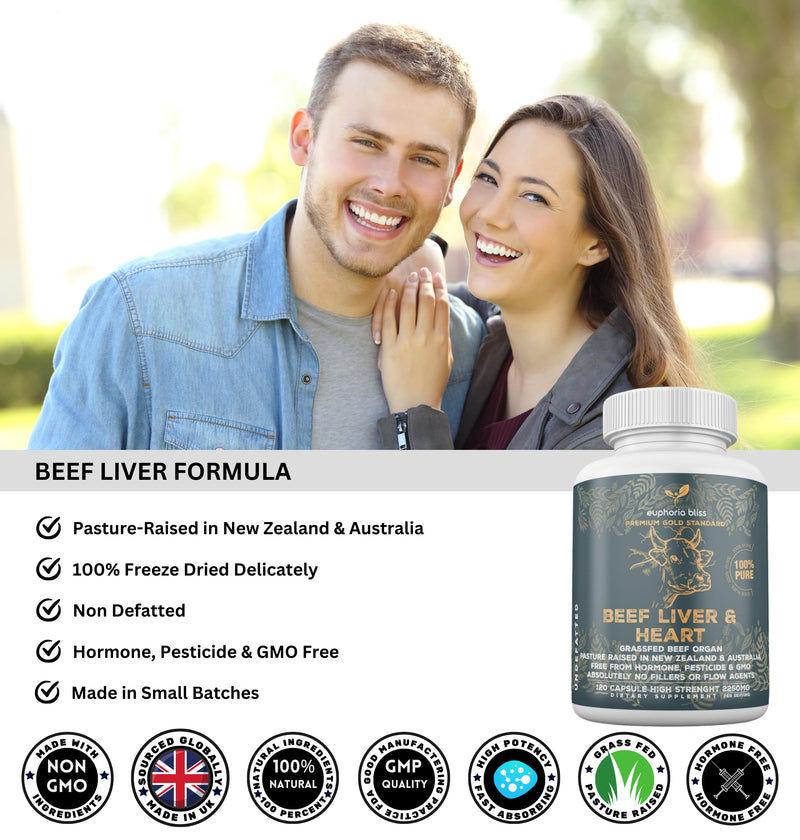 Grass Fed Desiccated Beef Liver & Heart Capsules 2250mg (120 Pills, 750mg Each) – CoQ10 - Energy - Digestion – Heart - Detoxification Non-GMO - Freeze Dried - Pasture Raised Undefatted in New Zealand