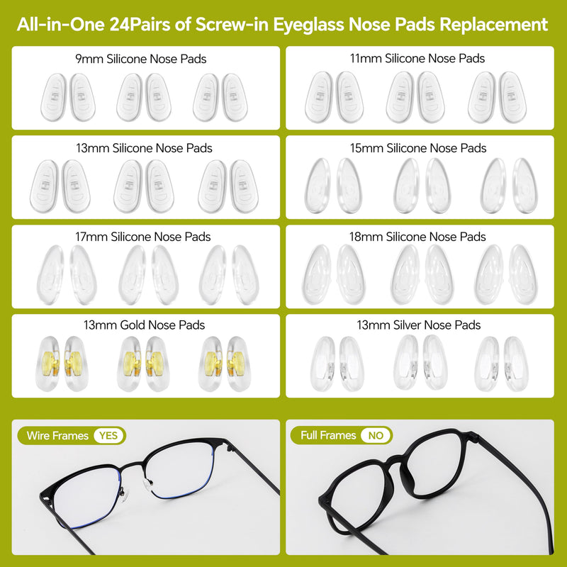 [Australia] - Eyeglass Nose Pads Replacement, 24 Pairs of Screw-in Glasses Nose Pads with Precision Screwdriver Set, Magnetic Eyeglass Repair Kit with Screws, Curved Tweezer for Travel, Birthday Gift, Christmas 