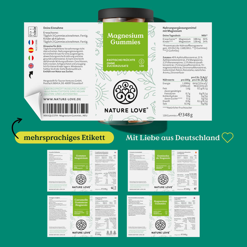 [Australia] - NATURE LOVE® Magnesium Citrate Gummies - 120 pieces - no added sugar - 188 mg magnesium per daily dose for adults, 126 mg for children - alternative to capsules & tablets - vegan and laboratory tested 