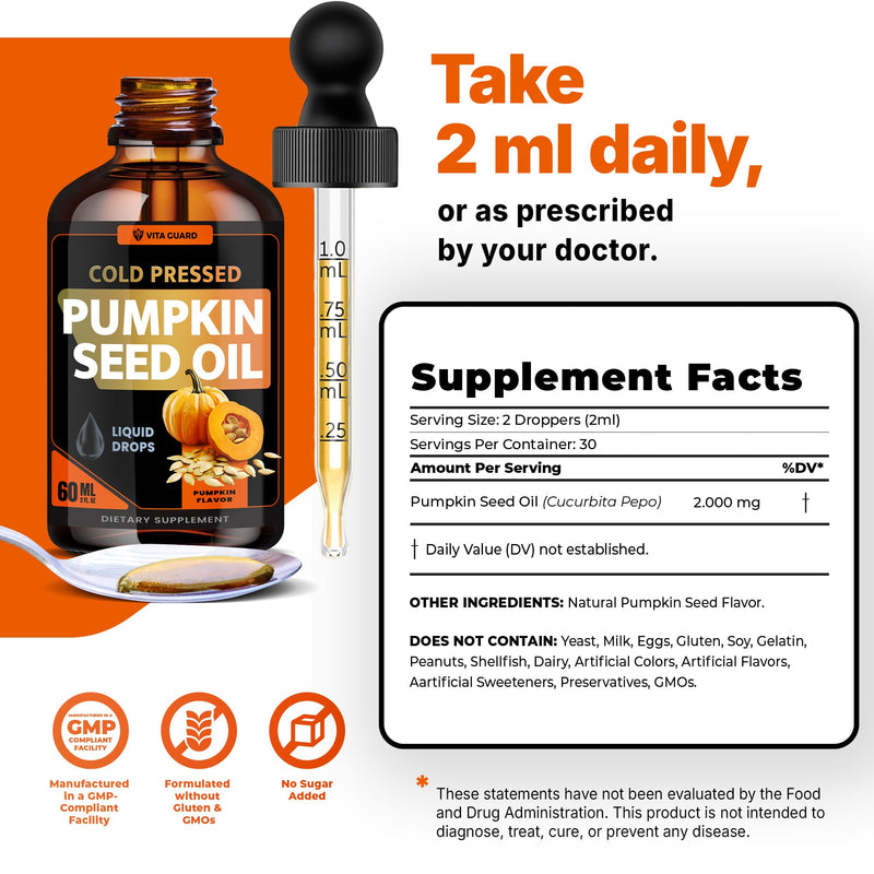 [Australia] - Cold Pressed Pumpkin Seed Oil Liquid Drops ‚Äì 2000mg per Serving | Vegan, Gluten-Free, Non-GMO | Hair, Skin & Prostate Support | Natural Pumpkin Flavor | 60ml Dietary Supplement 