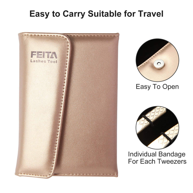 FEITA Eyelash Extension Tweezer Set Gold Lash Applicator Tool - Precision Lashes Diamond Grip Tweezers for 2D-6D Volume & Individual Eyelashes Extensions Supplies (6Pcs) Gold Diamond-grip 6pcs