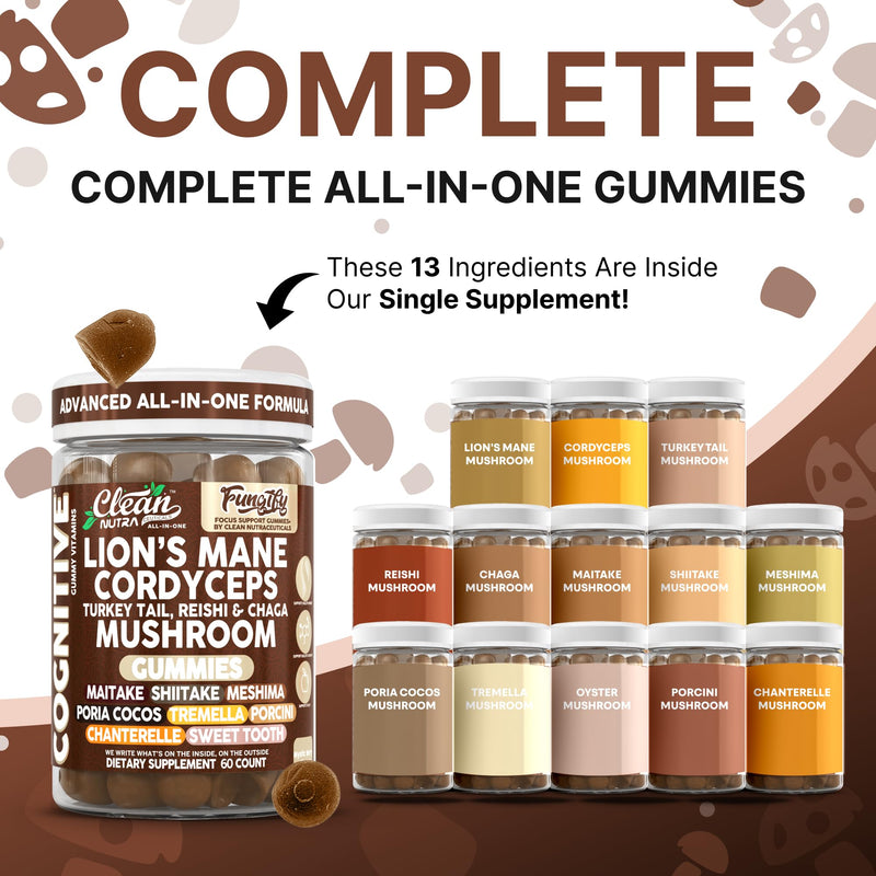 Clean Nutra Lions Mane Mushroom Gummies Cordyceps Supplement for Memory and Focus Immune Support Vitamins Reishi Chaga Turkey Tail Mushrooms Gummy Shiitake Maitake Meshima Supplements