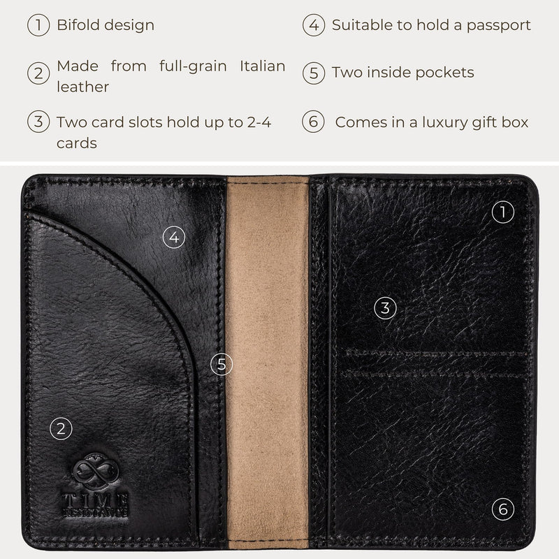 Time Resistance Leather Passport Holder – Full-Grain Leather Travel Wallet - Passport Cover with Card Slots (Black) Black