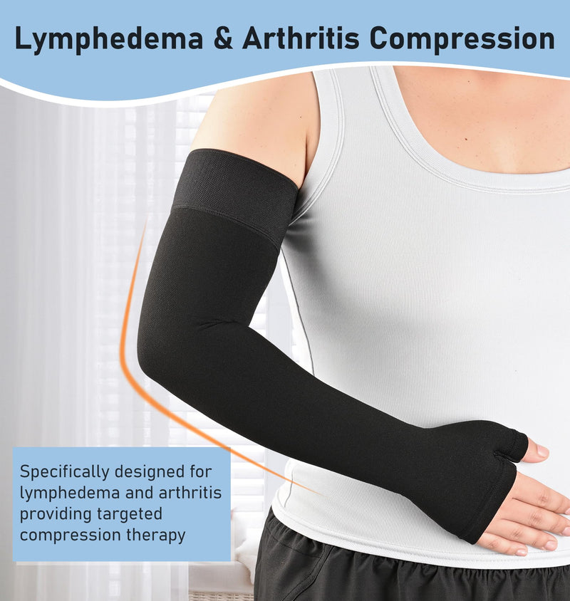 [Australia] - KEKING Lymphedema Medical Compression Arm Sleeve with Gauntlet, 15-20 mmHg Graduated Compression Full Arm Support for Women Men (Single), Long Pressure Arm Hand Brace for Arthritis, Bursitis, Edema Large Black (Single) 