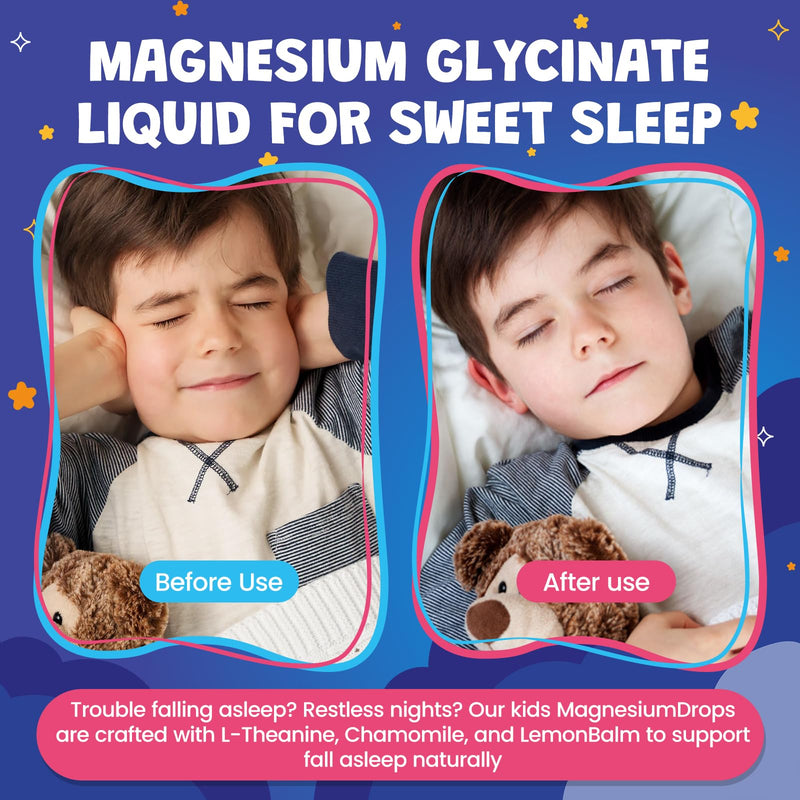 2 Pack Magnesium Glycinate Drops for Kids - Liquid Magnesium Drops with L-theanine, Chamomile & Vitamin B6 for Sleep, Relaxation, Calm & Focus, Strawberry Flavor, 4 Fl Oz 2 Fl Oz (Pack of 2)