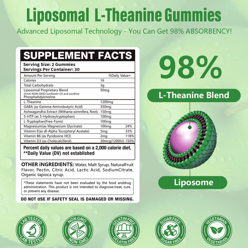 [Australia] - Liposomal L-Theanine 1200mg Gummies,Complex Magnesium GABA,5-HTP,Ashwagandha etc for Calm, Zzz & Relaxation Support for Adults,Children & Elderly,Liposomal Enhance 98% Absorption 60 Count (Pack of 2) 