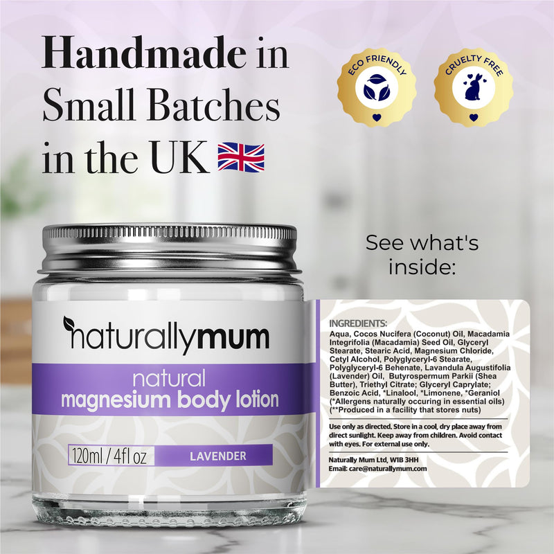 NaturallyMum - Magnesium Body Lotion [NATURAL & VEGAN] - Topical Magnesium Chloride Cream Lotion Support for Sleep, Bone, Heart & Muscle Health - Lavender - Made in UK & Safe for Kids 4 Fl Oz (Pack of 1)