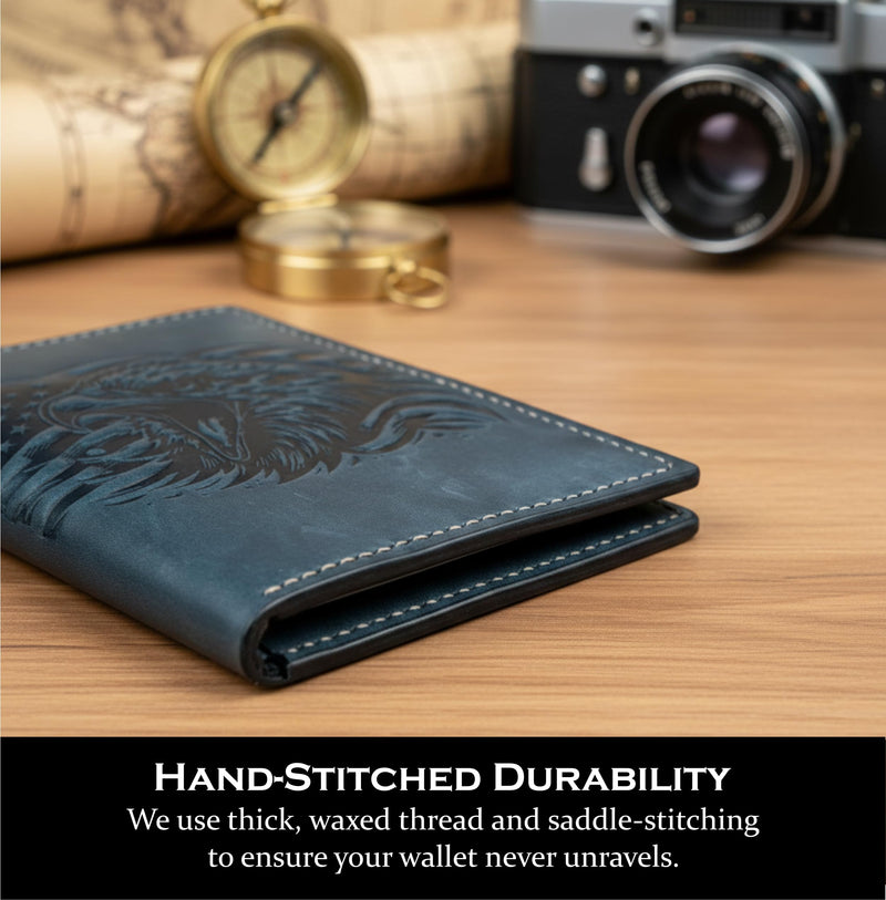 Handmade Leather Wallet for Men with American Eagle Engraving – Full Grain Leather Bifold Wallet – Gift for Him
