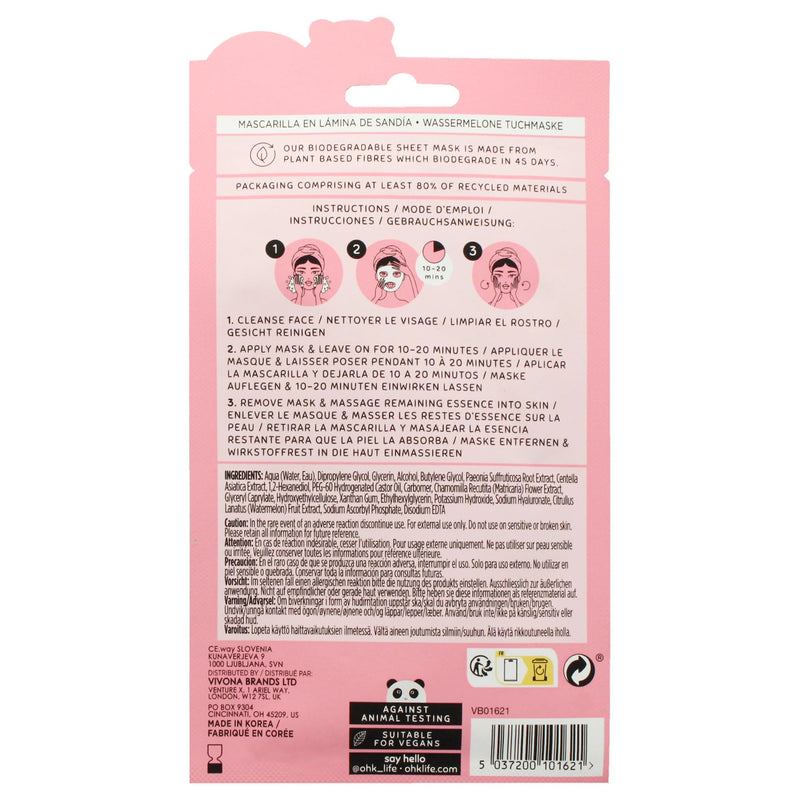 Oh K! Sheet Mask - Watermelon - Moisturizing Face Mask - Hydrating Face Sheets - Enriched with Hyaluronic Acid, Vitamin C - Korean Skincare - 1 Pc 1 Count (Pack of 1)
