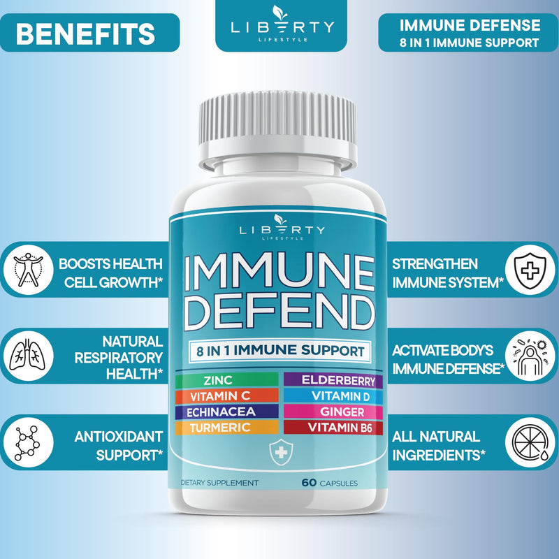 [Australia] - 8 in 1 Immune Defense Support, Immunity Capsules Supplement Booster with Echinacea Zinc 50mg, Vitamin C, D3 5000 IU, Turmeric Curcumin & Ginger, Echinacea - Allergy Relief for Kids Adults (1 Pack) 60 Count 