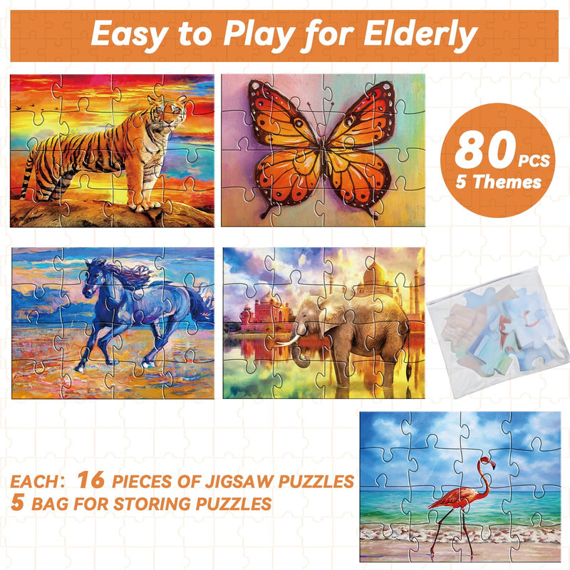 [Australia] - 5 Packs 16 Piece Large Jigsaw Puzzles for Dementia Alzheimer’s Products Activities, Alzheimer’s Puzzles Memory Cognitive Games for Elderly Seniors with 5 Storage Bags, Gift for Elderly Adults, Animal 
