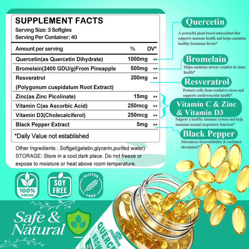 Quercetin with Bromelain, Extra Strength Quercetin 1000mg & Bromelain 500mg | with Zinc Vitamin C & D3, Healthy Immune System & Seasonal Allergy Health for Women Men, Liposomal Quercetin Phytosome, 120Ct