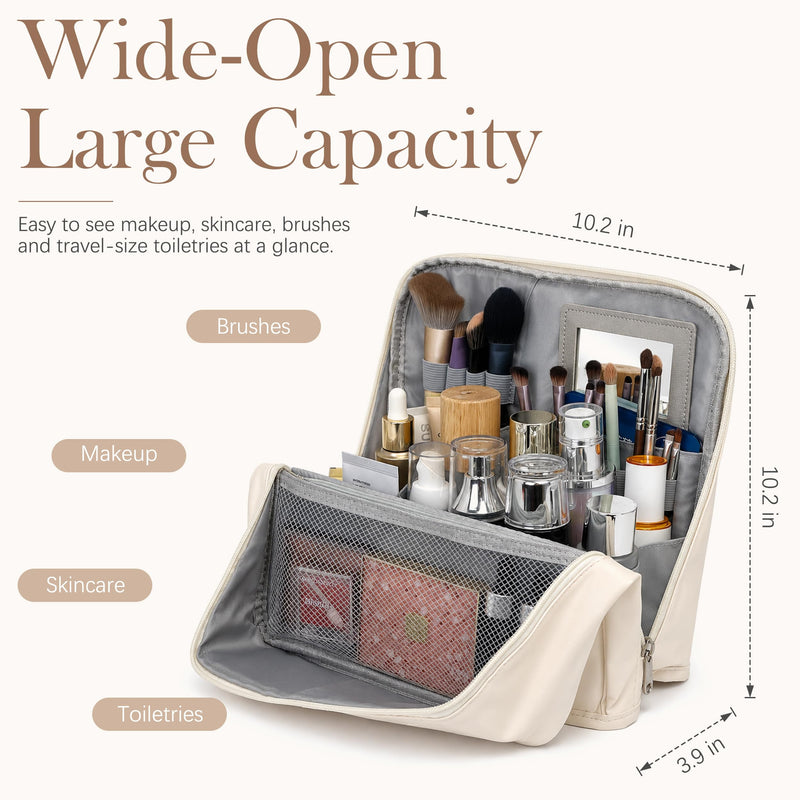 Travel Makeup Bag with Mirror and Phone Holder, Large Capacity Standing Cosmetic Bag for Women, Wide-Open Waterproof PU Leather Toiletry Bag with Divider and Luggage Strap for Skincare and Travel White