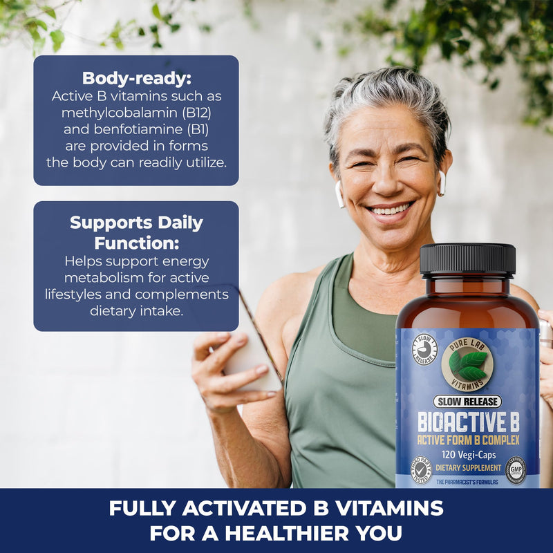 Pure Lab Vitamins Slow Release BioActive B Complex | 120 Vegi-Caps | Slow release formula, methylated B vitamins, Vegan, third-party tested