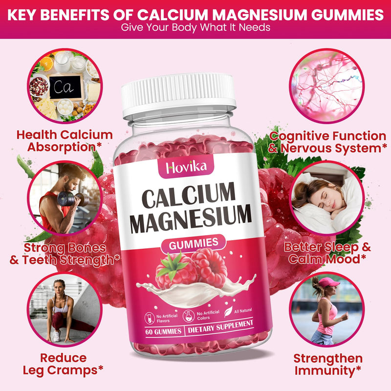 Calcium Magnesium Zinc Gummies-Calcium Magnesium 2:1 Ratio with Vitamin D3, K2, B6, B12 for Bone Strength, Muscle Function & Nerve Health, Extra Absorption Formula, Vegan, Raspberry Flavor 120 Gummies 60 Count (Pack of 2)