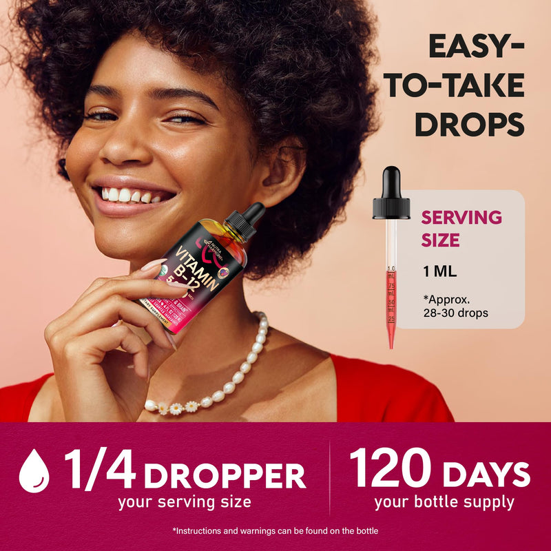USDA Organic Vitamin B12 Sublingual Drops - Methylcobalamin 5000 mcg - 4 Oz | Vitamin B12 for Women & Men - Energy Boost, Focus & Brain Support - Bioavailable - Berry Flavor, Sugar-Free - 120-Day Supply Drops 4 fl oz