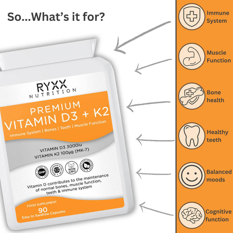Vitamin D3 3000iu & K2 100µg (MK7) | High Strength Vitamin D3 + K2 Supplement | 90 Vegetarian Capsules | Made in the UK by RYXX