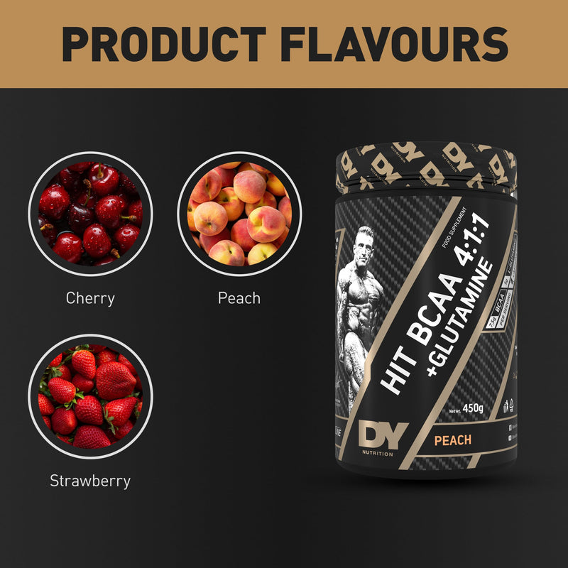 DY Nutrition HIT BCAA 4:1:1 + Glutamine, 450g, 30 Servings (Cherry Flavour) Branch Chain Amino Acid Powder Drink for Optimal Pump & Performance | Pre & Intra Workout Supplement Cherry