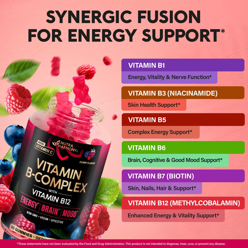 Vitamin B-Complex Gummies for Women & Men - Full B Complex & B12 - 60 Gummy | Vitamin B12, B1, B2, B3, B5, B6, B7 & B9 with Vitamin C & Choline - Energy, Brain & Mood - Natural Berry Flavor, Vegan 60 Count (Pack of 1)