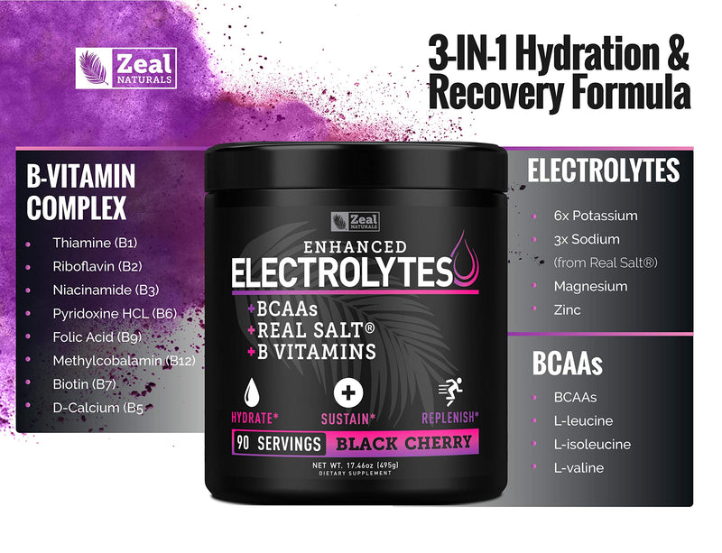 [Australia] - Enhanced Electrolyte Powder (Black Cherry| 90ct.) Sugar Free + BCAA, B-Vitamins & Real Salt® - Keto Electrolytes Drinks, Hydration Powder w Potassium, Sodium, Zinc, Magnesium for Hydration & Recovery Black Cherry - 90 Servings 