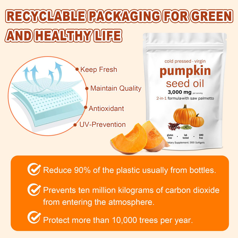 Pumpkin Seed Oil Capsules, Cold Pressed, Pure Virgin Oil, 300 Softgels Essential Fatty Acids & Phytosterols, 100 Days Supply Benefits for Hair Health, Non-GMO