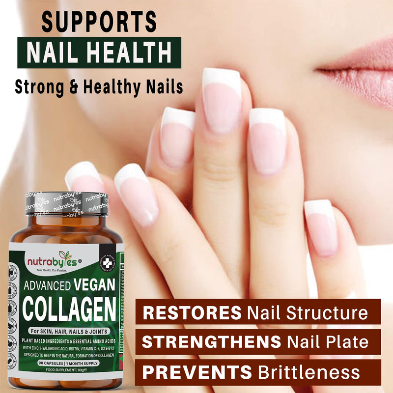 Nutrabytes Vegan Collagen Supplements for Women & Men | Plant-Based Vegan Collagen Capsules with Hyaluronic Acid, Biotin, Vitamin E, D3, C & Amino Acids | Vegetarian Collagen | UK Made