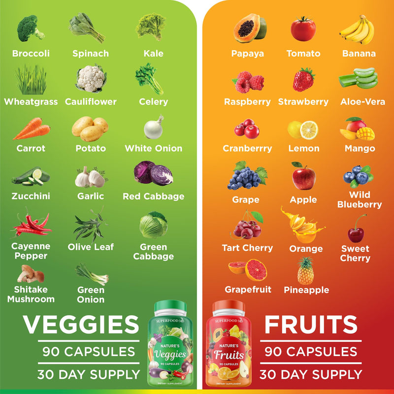 Superfood 180 Fruit and 180 Veggie Capsules - Whole Food Natural Superfoods - Maintain Energy Levels, with Beta Carotene - Soy Free (90 Count (Pack of 4) 90 Count (Pack of 4)