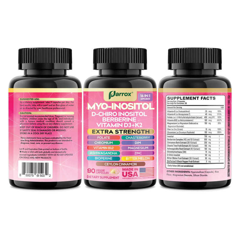Myo-Inositol Supplement, 15-in-1 D-Chiro & Folate, 90 Vegan Capsules | D-Chiro Inositol, Folate, DIM, Vitamins D3, B12, K2, Chromium, Cinnamon, Zinc, Ashwagandha, Chasteberry 90 Count (Pack of 1)