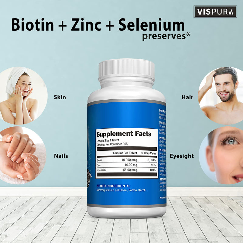 [Australia] - Biotin 10000 mcg + Zinc + Selenium, Pure, Vegan & Extra Strong, Best Supplement for Hair Growth, Glowing Skin, Strong Nails*, 365 Tablets for 12 Months, Natural Without Additives 365 Count (Pack of 1) 