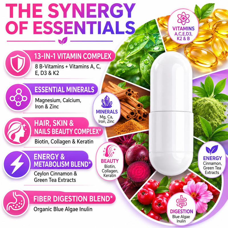 Vimerson Health Multivitamin for Women 13-in-1 Vitamin Complex with Biotin, Collagen & Keratin Vitamins B Complex, A, C, D3, E & K2 Hair Skin Nails & Energy Support 60 Capsules