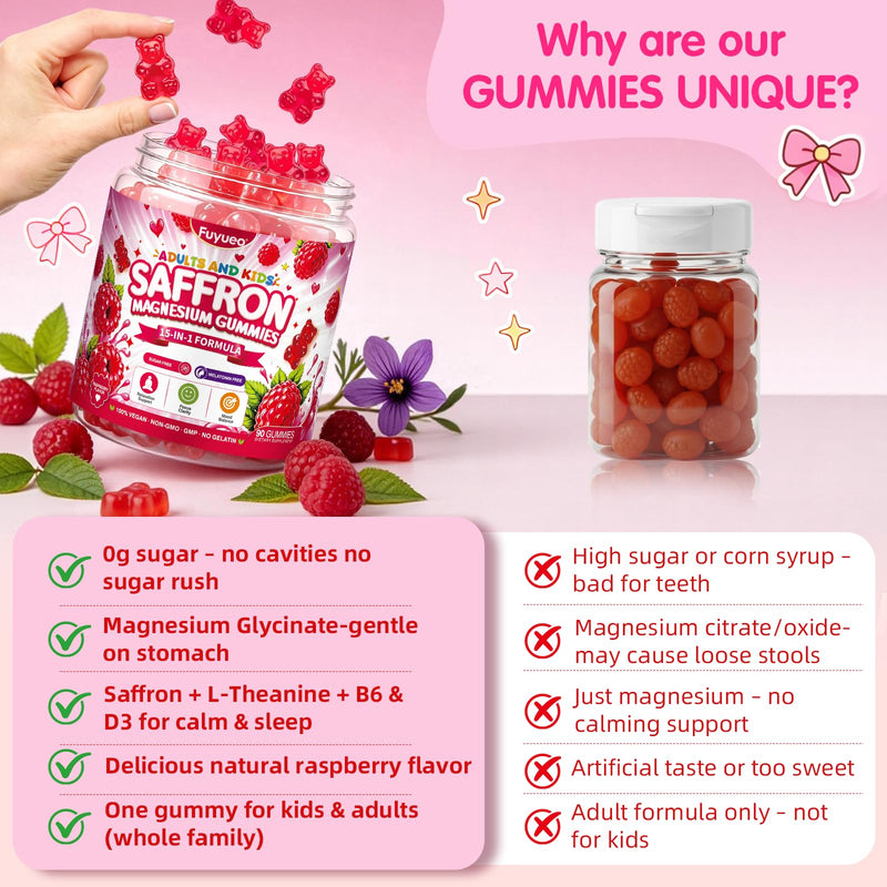 Saffron + Magnesium Glycinate -Calm Mood Focus Gummies for Kids 4+ & Adults | Saffron Extract with Omega-3, L-Theanine, B6, B12, D3 – Happy Mood – Sugar Free, Vegan – 90 Gummies, Raspberry Flavor 90 Count (Pack of 1)