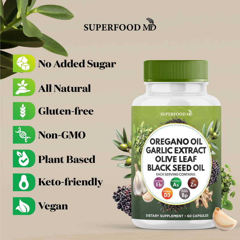 [Australia] - Superfood MD Oregano Oil Garlic Extract Olive Leaf Black Seed Oil Astragalus- for Women and Men- 60 Count 60 Capsules (Pack of 1) 