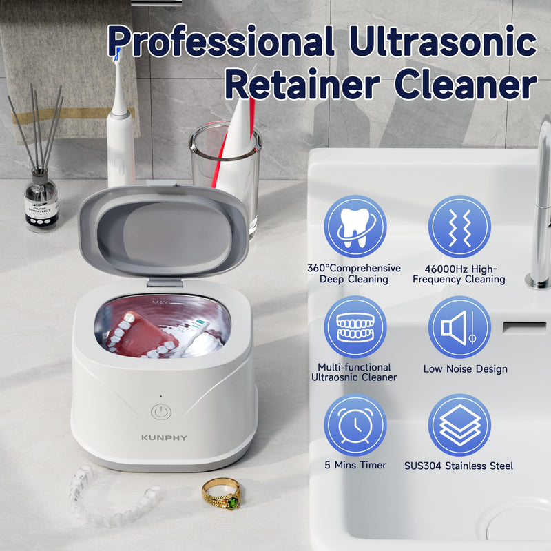 [Australia] - Ultrasonic Retainer Cleaner, KUNPHY 46KHz Professional Ultrasonic Jewelry Cleaner 7.5Oz, Retainer Cleaner Machine for Dentures, Braces, Aligner, Dental Appliances (White) White 