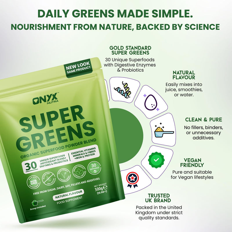 Super Greens Powder 30 Superfoods Blend with Spirulina Wheatgrass Chlorella Acai & Maca | Digestive Enzymes Probiotics Fibre Iron Vitamins | Vegan Gluten Free Natural Flavour | 300g 30 Servings