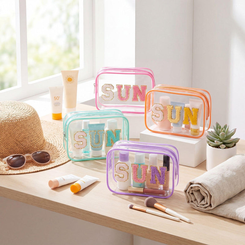 Kacctyen 20 Pcs Clear Sun Makeup Bags Bulk 5 Colors Sunscreen Pouch Beach Pool Waterproof Toiletry Cosmetic Bags Set Preppy Chenille Letter Patch Zip Organizer Girls Summer Vacation Gifts Essentials