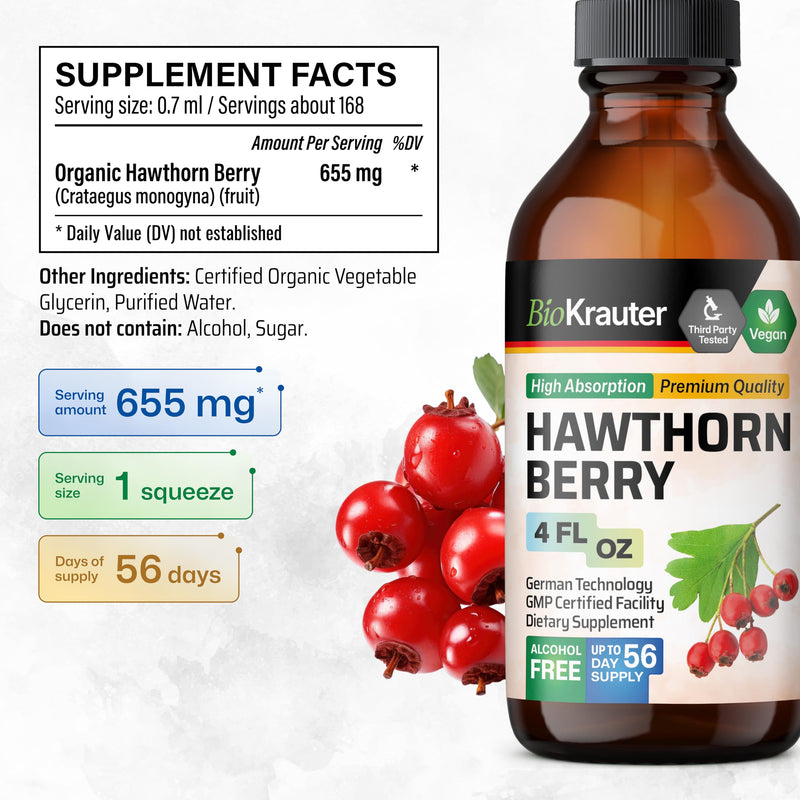 [Australia] - Hawthorn Berry Tincture - Organic Hawthorn Supplement - Nutrient Source - Alcohol and Sugar Free - Vegan Drops 4 Fl.Oz. 4 Fl Oz (Pack of 1) 