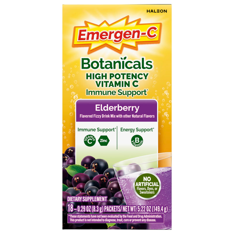 Emergen-C Elderberry Vitamin C Immune Support Powder, 18 Packets | High Potency Vitamin C, Zinc and Manganese, B Vitamins, Botanical, Gluten Free, Caffeine Free 5.2 Ounce (Pack of 1)