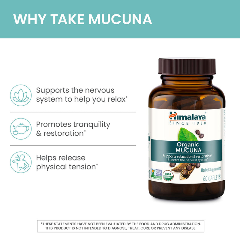 [Australia] - Himalaya Organic Mucuna Pruriens, 60 Day Supply - Herbal Supplement for Calming Relaxation from Tension and Promoting Brain Function - Vegan, Non-GMO, Gluten Free, 600 mg, 60 Caplets 60 Count (Pack of 1) 