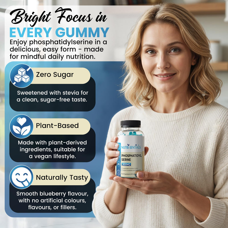 Phosphatidylserine Supplement 300mg- Organic Brain Supplement Support Gummies- Supports Memory, Mental Clarity, Mood & Cognitive Health- Natural Focus Gummies Supplements- 60 Count