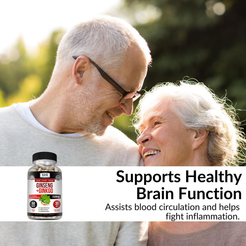 [Australia] - Kaya Naturals Red Panax Ginseng + Ginkgo Biloba | Nootropic Brain Supplement | Cognitive and Concentration Support | Brain Booster, Focus, and Memory Supplement | 60 Capsules 60 Count (Pack of 1) 