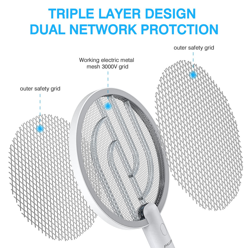 [Australia] - PALONE Electric Fly Swatter 3000V Bug Zapper Racket 2 in 1 Fly Swatter with 1200mAh Battery Rechargeable Mosquito Killer Lamp with 3 Layers Safety Mesh for Indoor and Outdoor 1 Pack White 