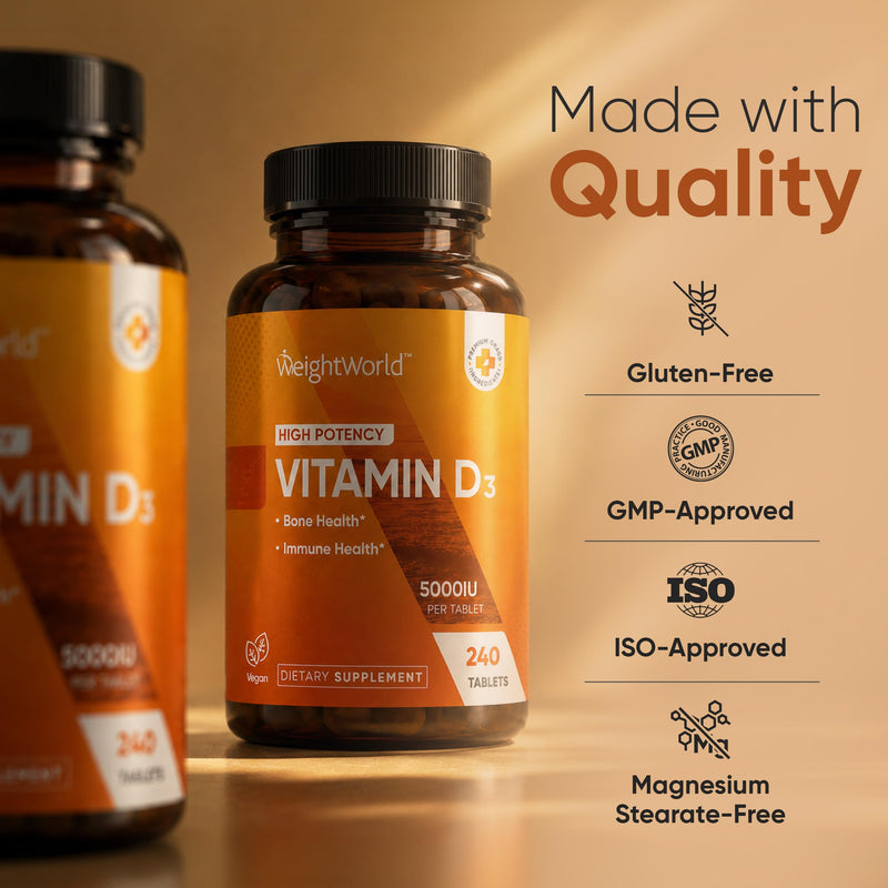 WeightWorld High Potency Vitamin D3 5000 IU (125mcg) - D3 Vitamin for Bone, Teeth, Muscle & Immune Support - 240 Easy-to-Swallow Tablets, 8-Month Supply, Vegan Plant-Based VIT D3, Non-GMO Vitamin D3 5000IU 240 Tablets