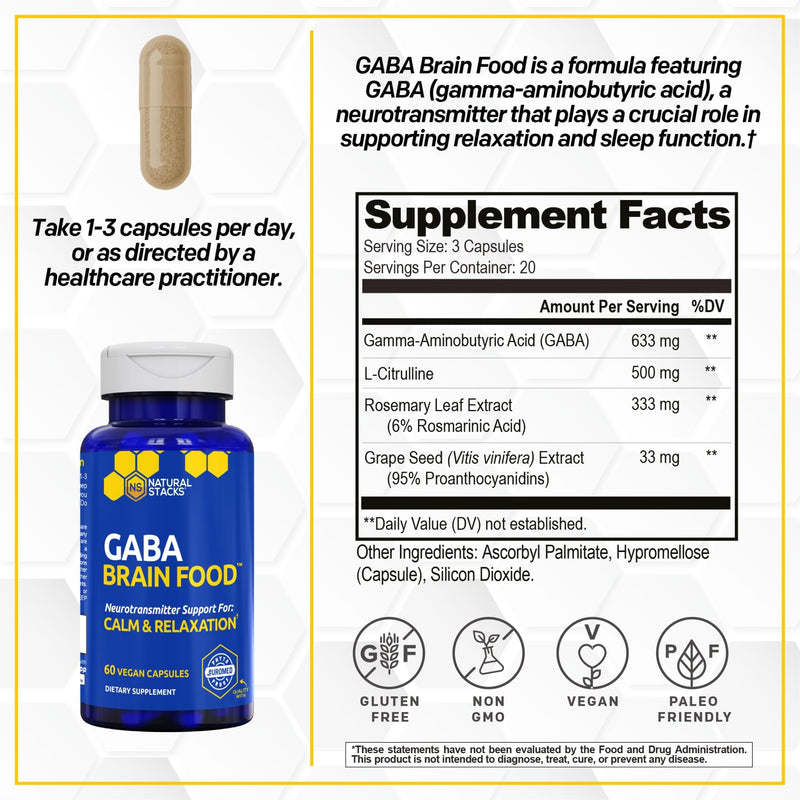 GABA Brain Food, Sleep & Relaxation Support with L-Citrulline, 120 Count | 633mg Gamma Aminobutyric Acid Supplement with Grape Seed Extract - Supports Sleep Function & Mood - Natural Stacks 60 Count (Pack of 2)