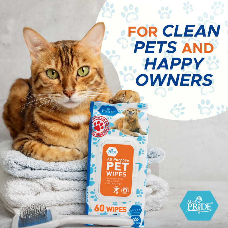 MED PRIDE Pet Wipes for Dogs & Cats [Pack of 60]- Hypoallergenic Cleaning Deodorizing Dog Wipes with Aloe Vera- Alcohol and Paraben-Free Pet Wipes- Extra Soft Cat Bathing Wipes for Fur Pack of 60 - PawsPlanet Australia