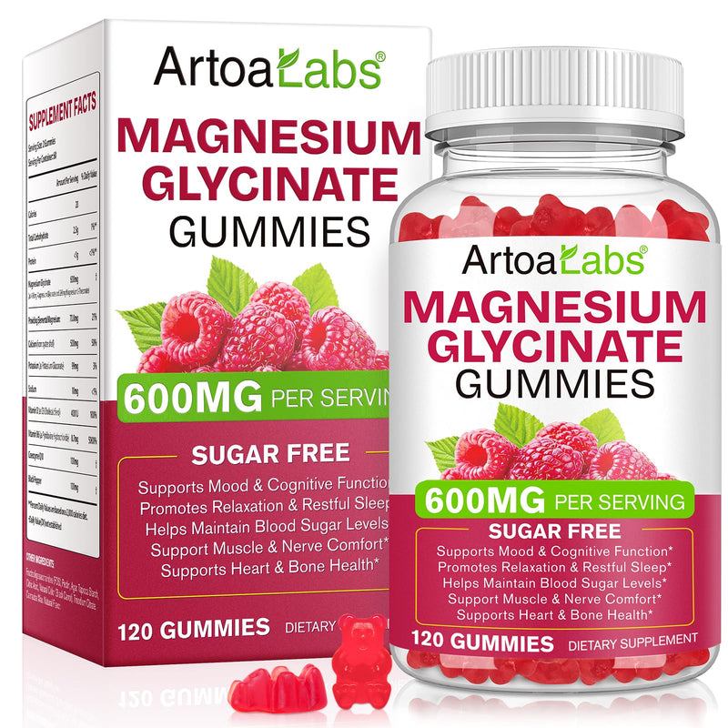 Magnesium Glycinate Gummies – 600mg per Serving – with Vitamin D, B6, Calcium & Potassium – Supports Muscle Function, Tiredness Reduction & Psychological Function – 120 Raspberry Gummies – Sugar-Free