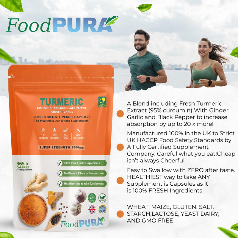 365 x 4000mg Turmeric (Curcumin), Ginger, Garlic & Organic Black Pepper Capsules HACCP Certified, Manufactured in The UK by FoodPURA (365) 365
