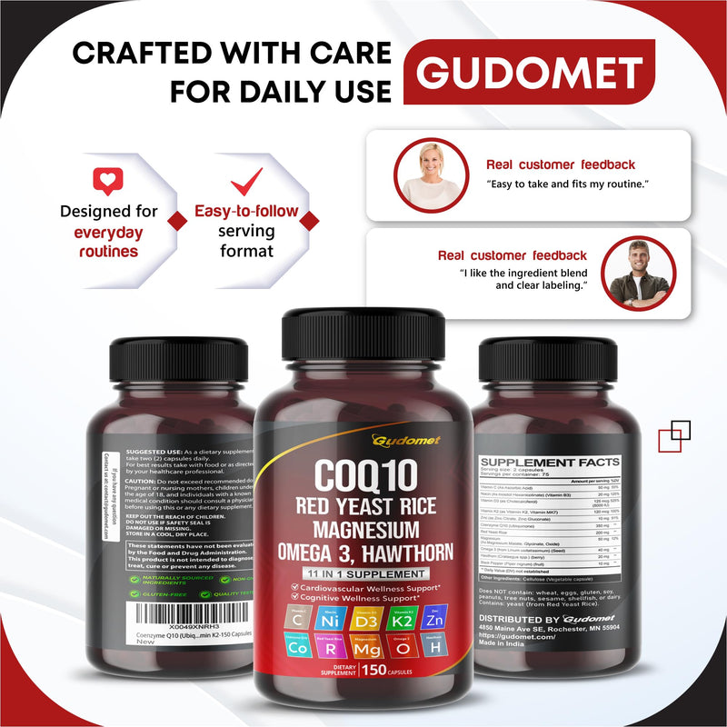 Coenzyme Q10 (Ubiquinone) Red Yeast Rice Hawthorn Omega 3 Vitamin C Niacin Zinc Vitamin K2-150 Capsules 150 count (pack of 1)