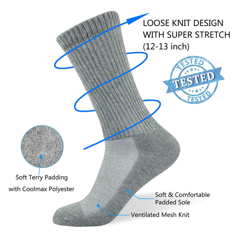 [Australia] - Well Knitting Loose Men's Diabetic Crew Socks,Non-Binding Top,Seamless Toe,Semi Cushion,Breathable Soft Coolmax Socks 4 Pairs Large 4 Pairs Grey Crew Socks 
