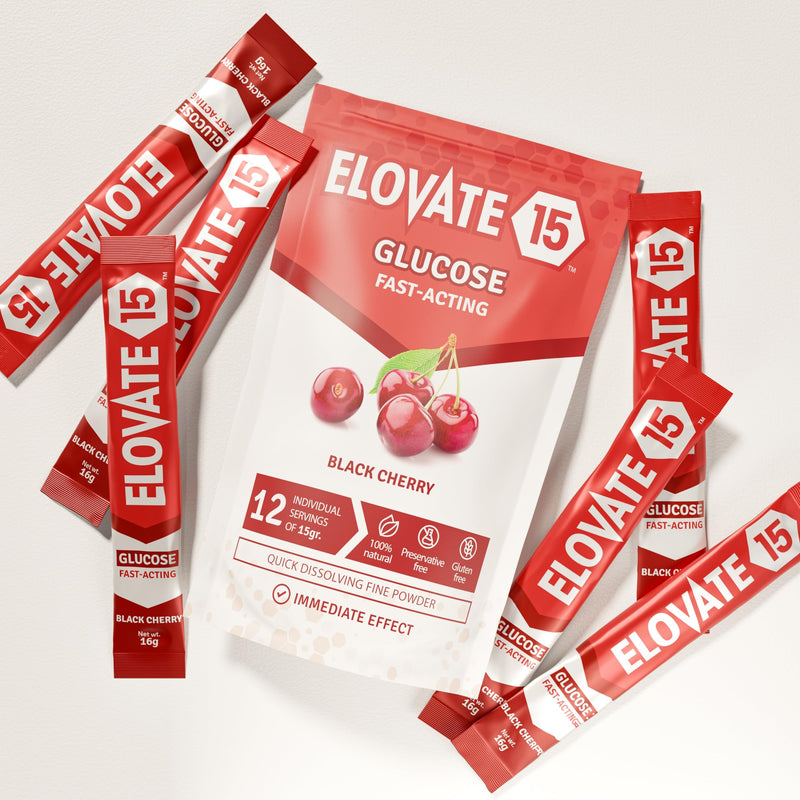 [Australia] - Elovate 15 Glucose Powder Slimpaks - Alternative to Traditional Tablets - FSA/HSA eligible - Fast Acting Dextrose with Black Cherry Taste - (Pack of 12) 0.6 Ounce (Pack of 12) 